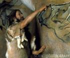 Доисторического художника реализации пещере картиной с изображением буйвола на стене пещеры в то время как наблюдается при диноз